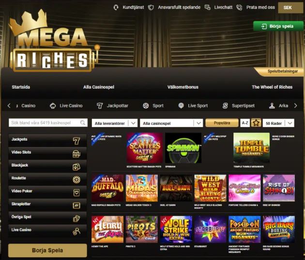 Spela populära jackpotspel och videoslots hos Mega Riches